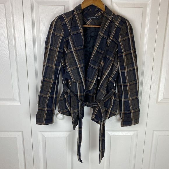 Zara S Jacket Belted Tie Plaid wool Blazer Open Front Blue Waterfall Drape - Picture 1 of 5